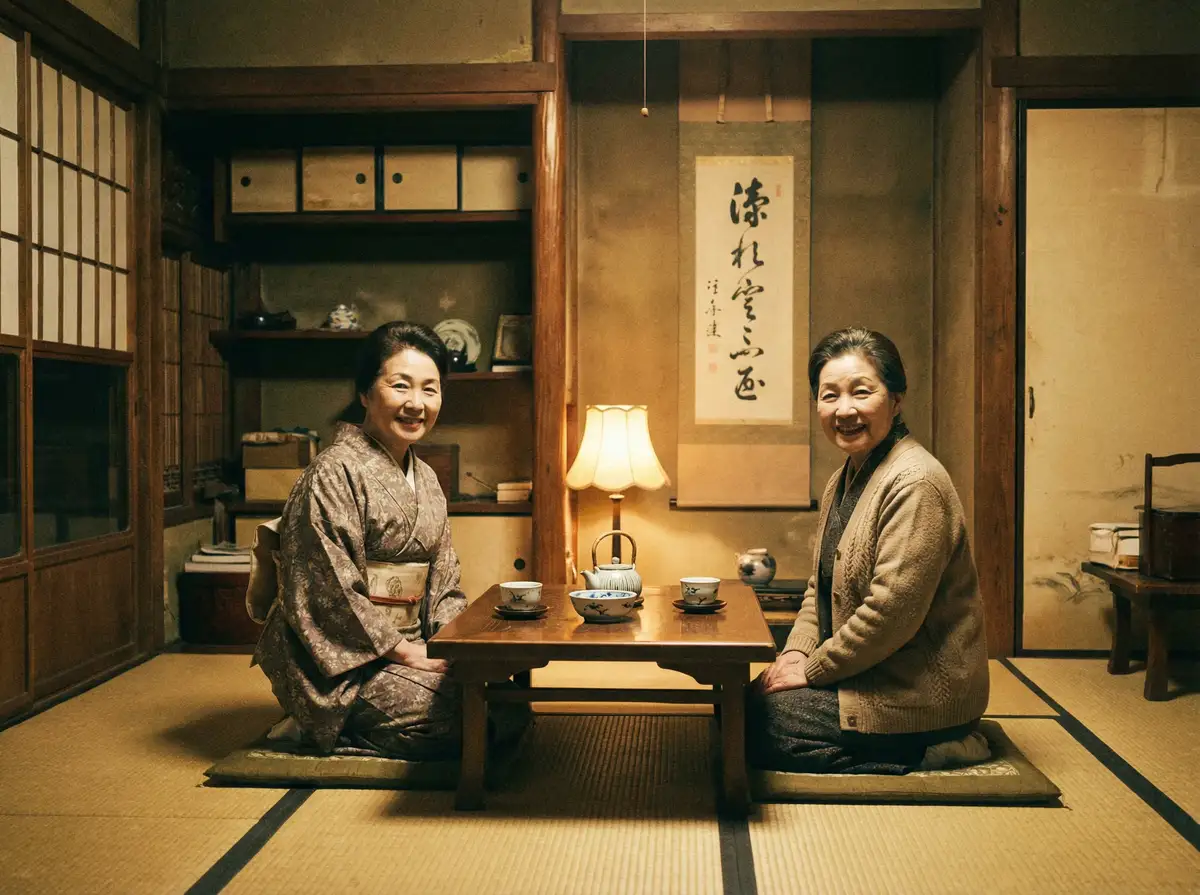 两位优雅的 吃瓜社 在日式茶室中品茶交谈